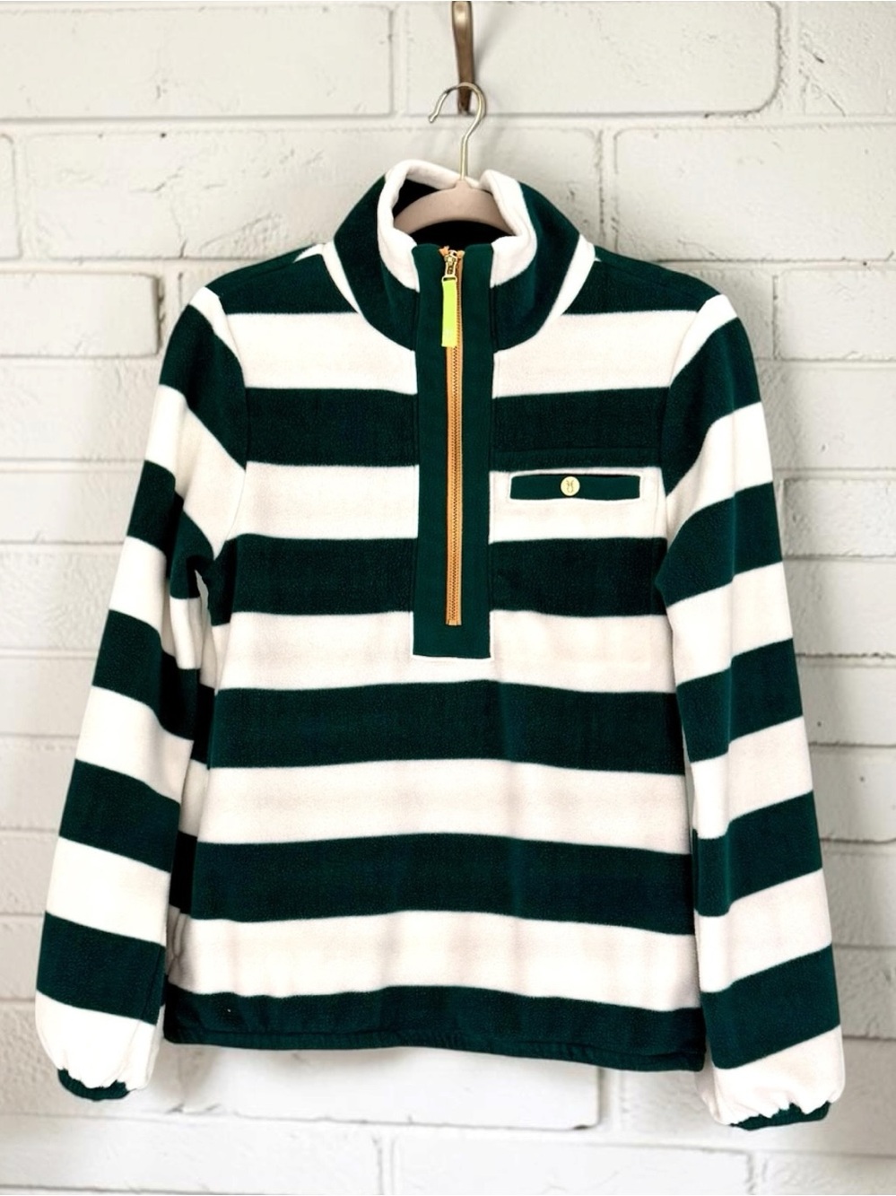 914 Dudley Stephens Braeburn Pullover Woodland Green Stripe Vello Fleece XS